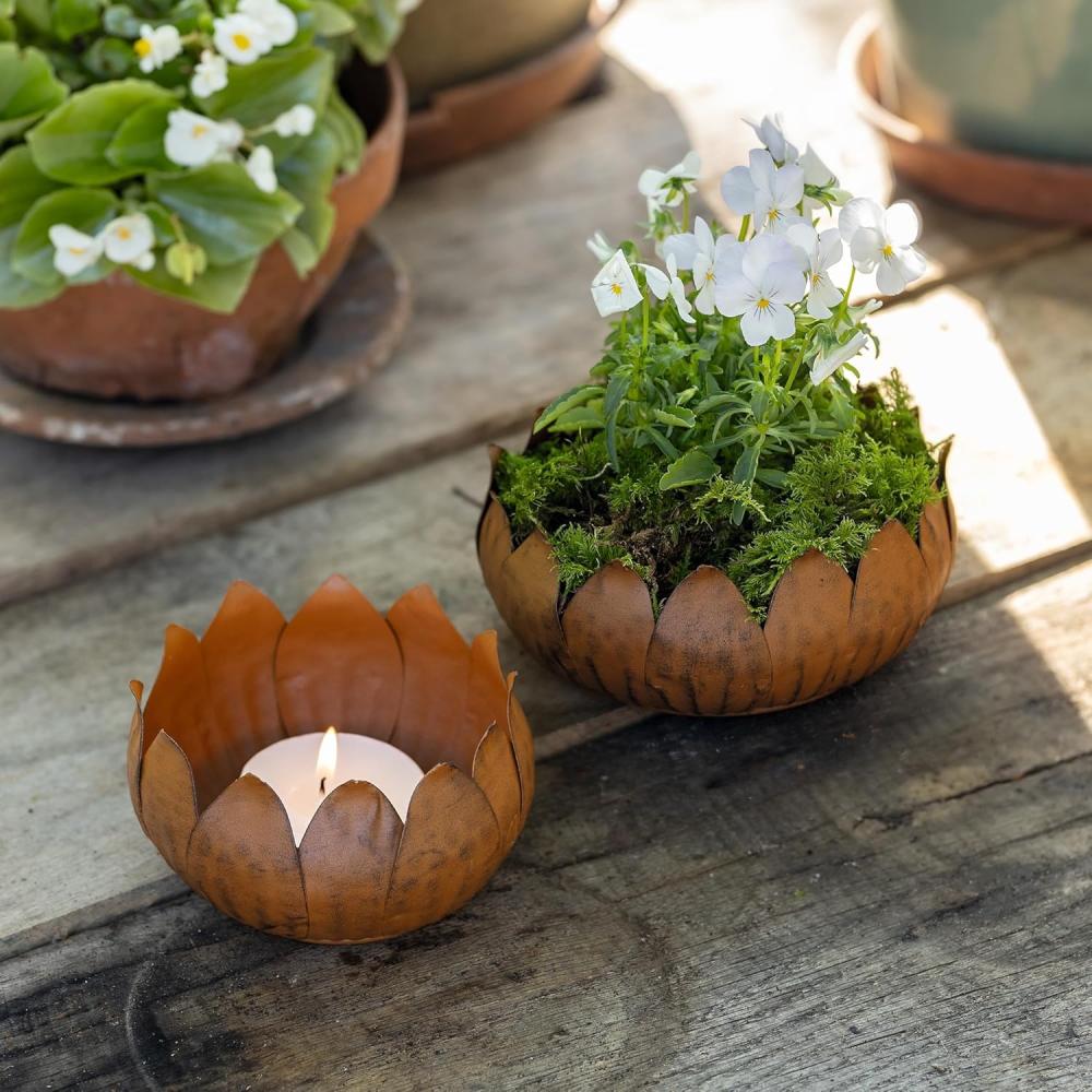 2x runde Schale "Blätter" aus Metall in Rost Optik, Ø 11 & 16 cm, Pflanzschale, Obstschale, Blumentopf, Tischdeko, Pflanzgefaß, Gartendeko für Draußen Bild 1