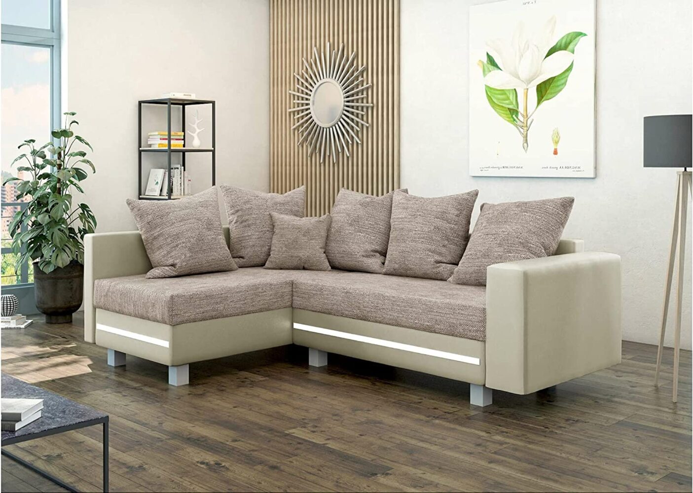 Stylefy Morgan Ecksofa Strukturstoff BERLIN Kunstleder MADRYT Hellbraun Beige Links Bild 1