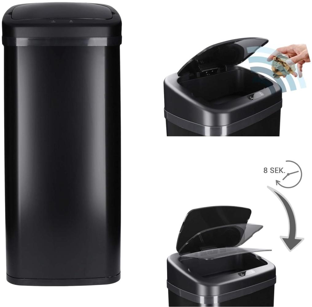 TP Sensor Mülleimer aus Edelstahl, Abfallbehälter für Küche, automatischer Deckel, eckig, in schwarz 50 Liter Bild 1