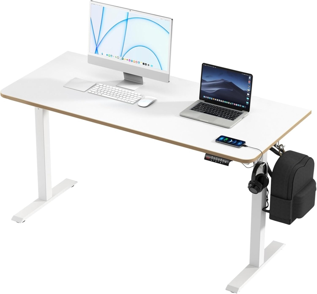 KOWO 1,6m Elektrisch Höhenverstellbarer Schreibtisch, Ergonomisches Sitz-Stehpult, Computertisch mit Weißer Tischplatte, 160x70 cm Stehschreibtisch mit Typ A/C USB-Anschlüssen für Gaming, Büro, Lernen Bild 1