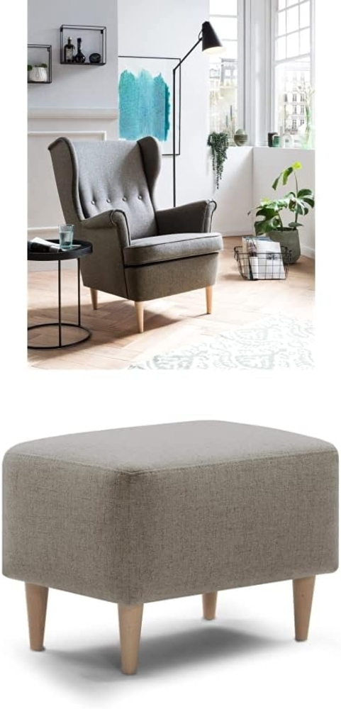 Traumnacht bequemer und moderner Ohrensessel, Polstersessel, Relaxsessel Edgar mit Holzfüßen, produziert nach deutschem Qualitätsstandard, hellbraun + passender Fußhocker, hellbraun Bild 1