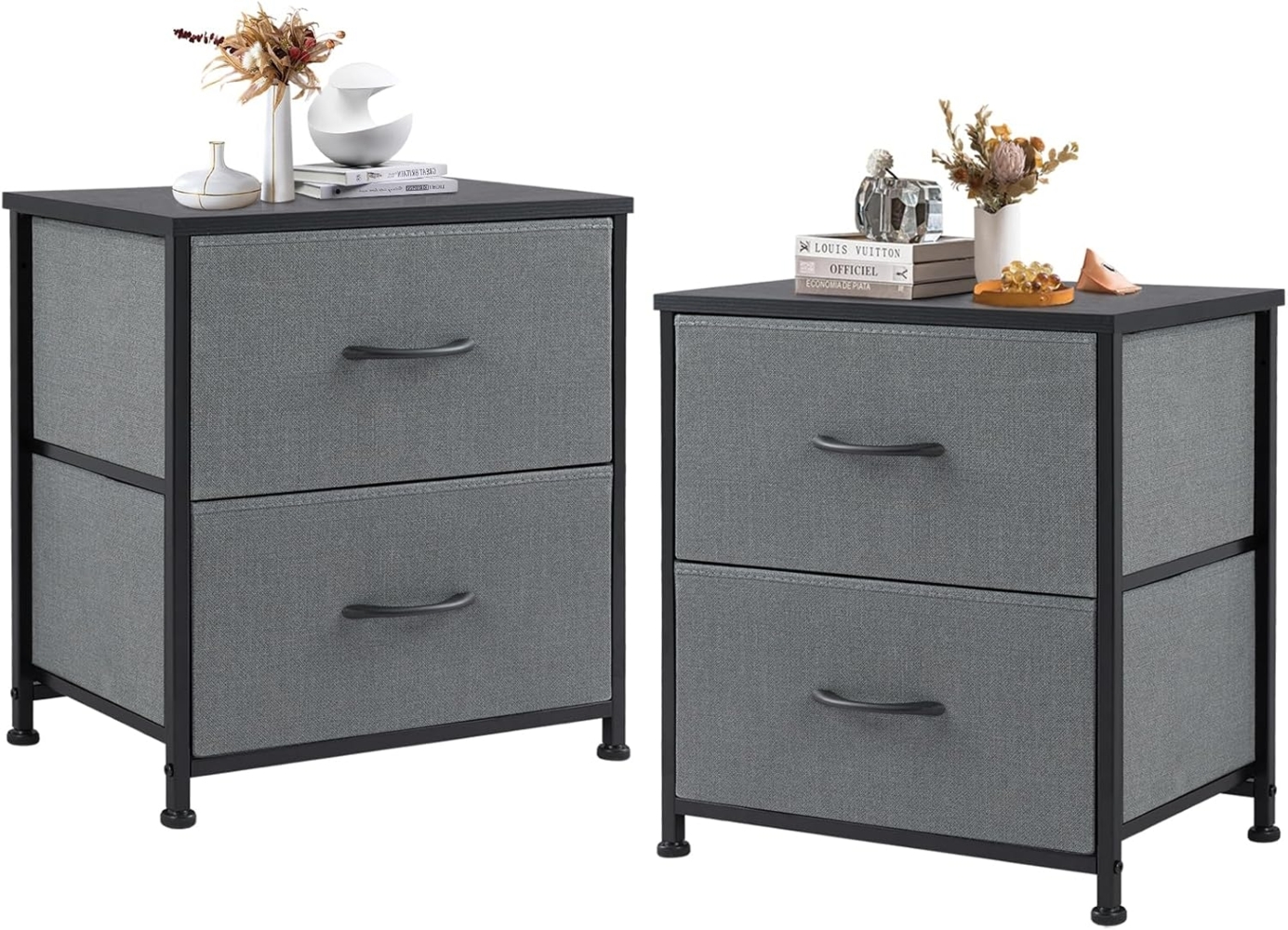 DUMOS Nachttisch 2er Set Beistelltisch Stoff Schubladenschrank Schmal Schrank Kommode Schlafzimmer Industrial Stil für Wohnzimme Kinderzimmer Flur Aufbewahrungsschrank Bild 1
