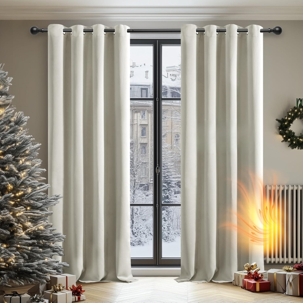 Deconovo Blickdicht Verdunkelungsvorhang Ösen Gardinen Kinderzimmer Thermovorhang Kälteschutz Thermo gegen Kälte Thermogardine Hitzeschutz, 290x140 cm(HöhexBreite), Hellbeige, 2er Set Bild 1