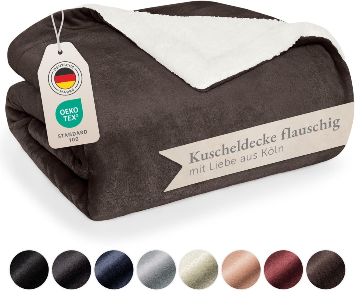 Blumtal Premium Sherpa Kuscheldecke 220x240 cm - warme Decke Oeko-TEX® zertifizierte Dicke Sofadecke, Tagesdecke oder Wohnzimmerdecke, Dunkelbraun Bild 1