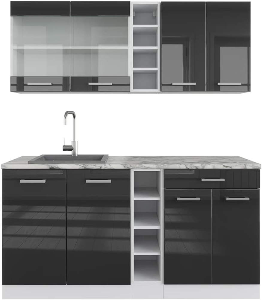 Singleküche R-Line Anthrazit Hochglanz/Weiß 160 cm , AP Marmor Vicco Bild 1
