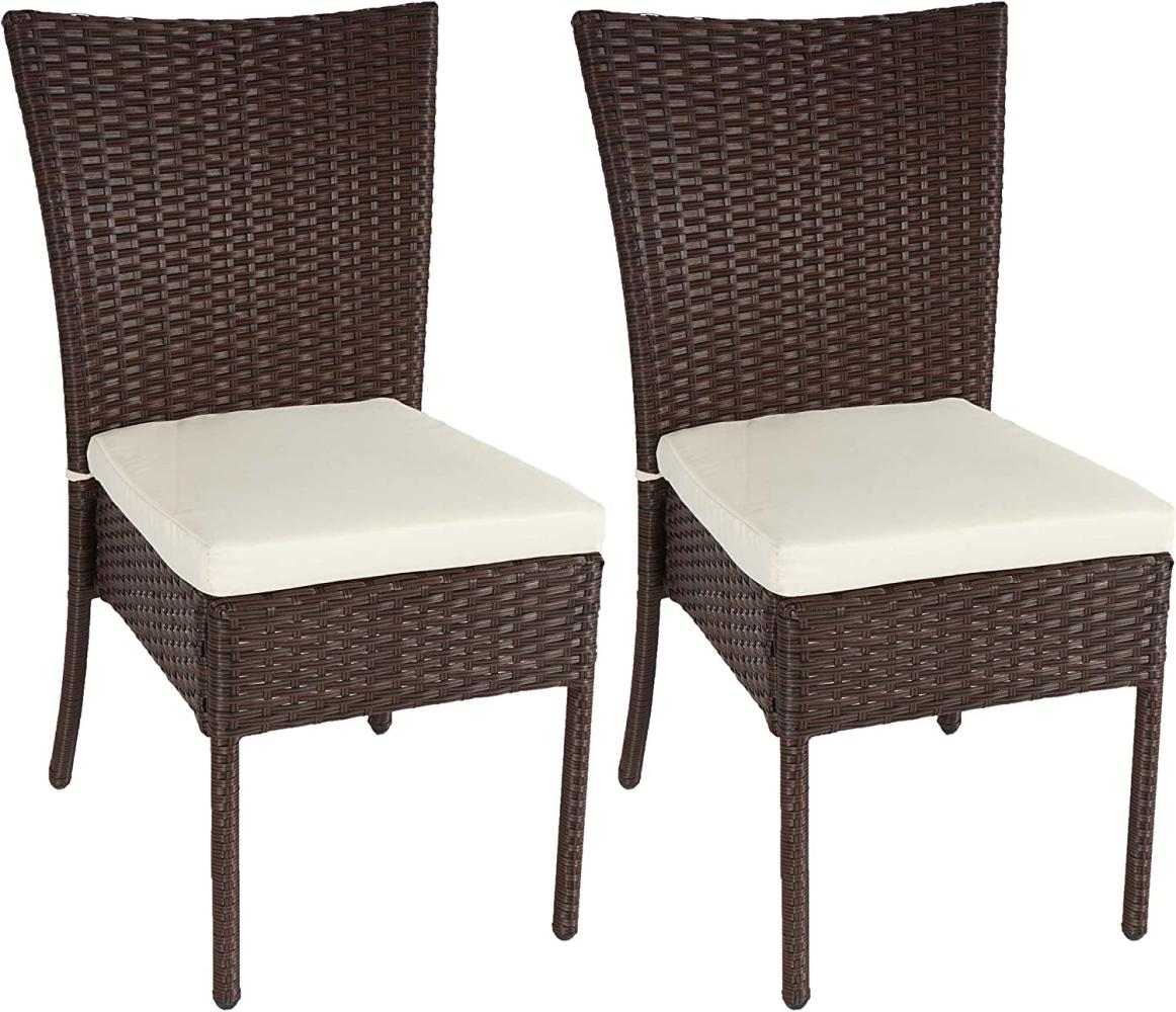 2er-Set Poly-Rattan Stuhl HWC-G19, Balkonstuhl Gartenstuhl, stapelbar ~ braun, Kissen creme Bild 1