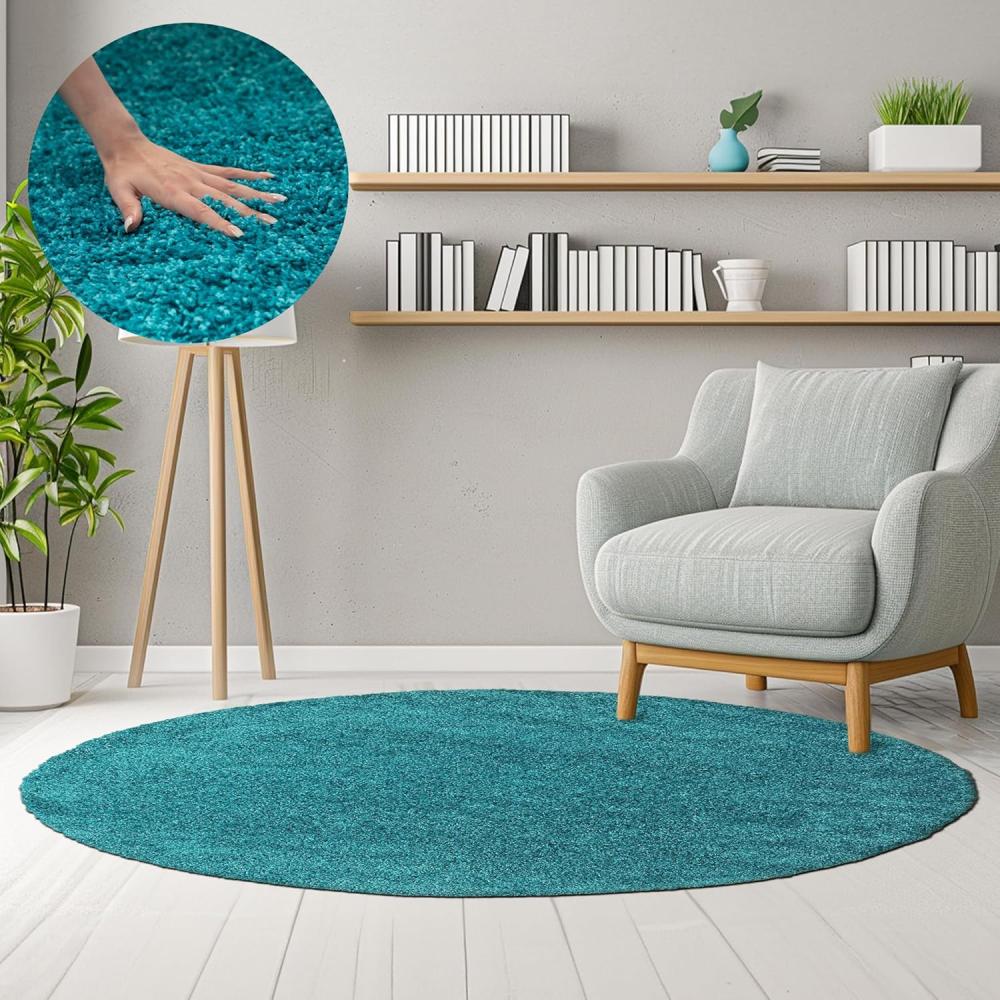 HomebyHome Hochflor Runder Teppich 200 cm Rund Einfarbig Türkis Blau Teppich Langflor Shaggy Modern Teppich für Wohnzimmer, Schlafzimmer, Pflegeleicht Flauschig Weich Rund Großer Teppich Bild 1