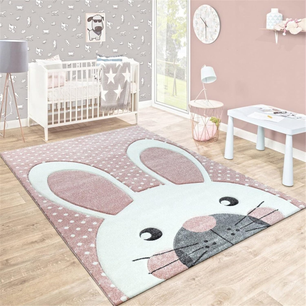 Teppiche Kinderzimmer Babymatte Groß Kinderteppiche Flauschige Schutzmatten Waschbare Matten Kindermatte fürs Babyzimmer Kleinkinderzimmer (Rosa gepunktetes Kaninchen,100 * 160cm) Bild 1