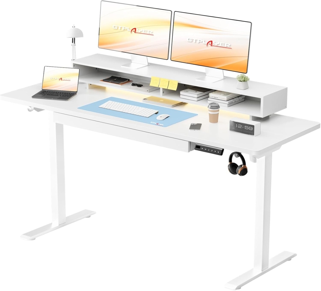 GTPLAYER Schreibtisch Höhenverstellbarer Schreibtisch Elektrischer, 120x60cm Gaming tisch, mit USB-Ladeanschluss und Steckdose, Schubladen, Monitorständer, LED Bild 1