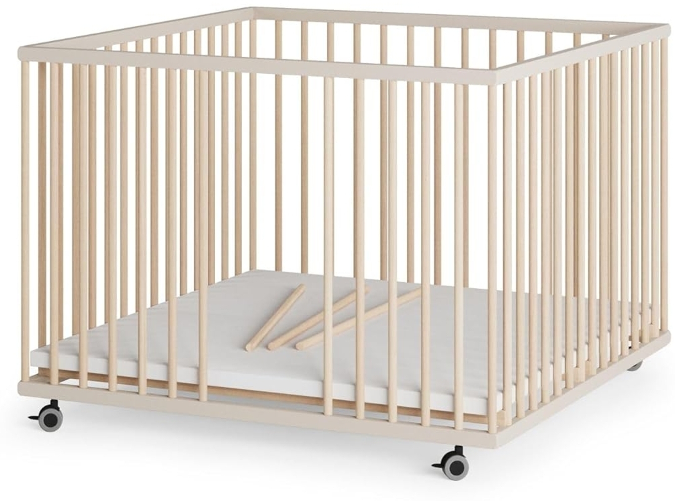 Sämann Laufstall Baby mit 3 Schlupfsprossen | TÜV geprüft | stufenlos höhenverstellbar | Laufgitter Premium | Babybett aus Holz | Krabbelgitter (sahara dust/natur, 100x100 cm) Bild 1