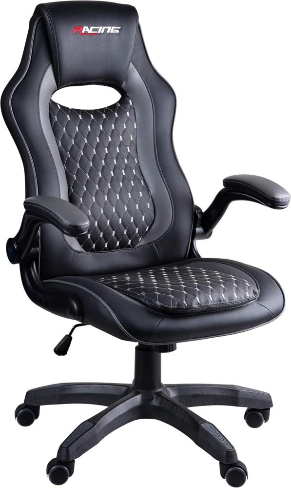 RACING BERGNER | Gaming-Stuhl | ergonomischer Bürostuhl | Gepolsterte und verstellbare Armlehnen | Rautenmuster | Neigungsmechanismus | Kunstleder | Schwarz - Grau Bild 1