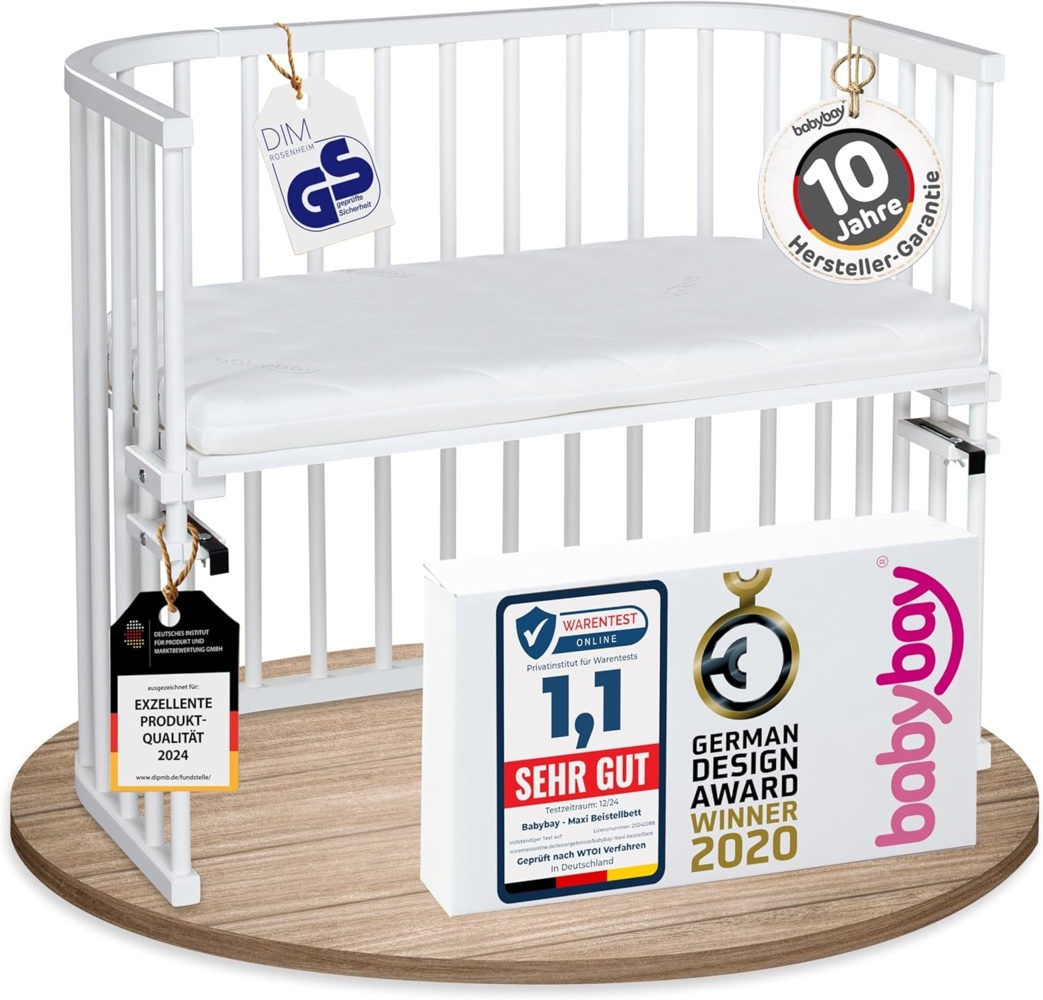 babybay Maxi mit Matratze Classic Soft extra großes Beistellbett aus massivem Buchenholz / Kinderbett Höhe stufenlos verstellbar & umweltfreundlich / mitwachsendes Babybett (weiß lackiert) Bild 1