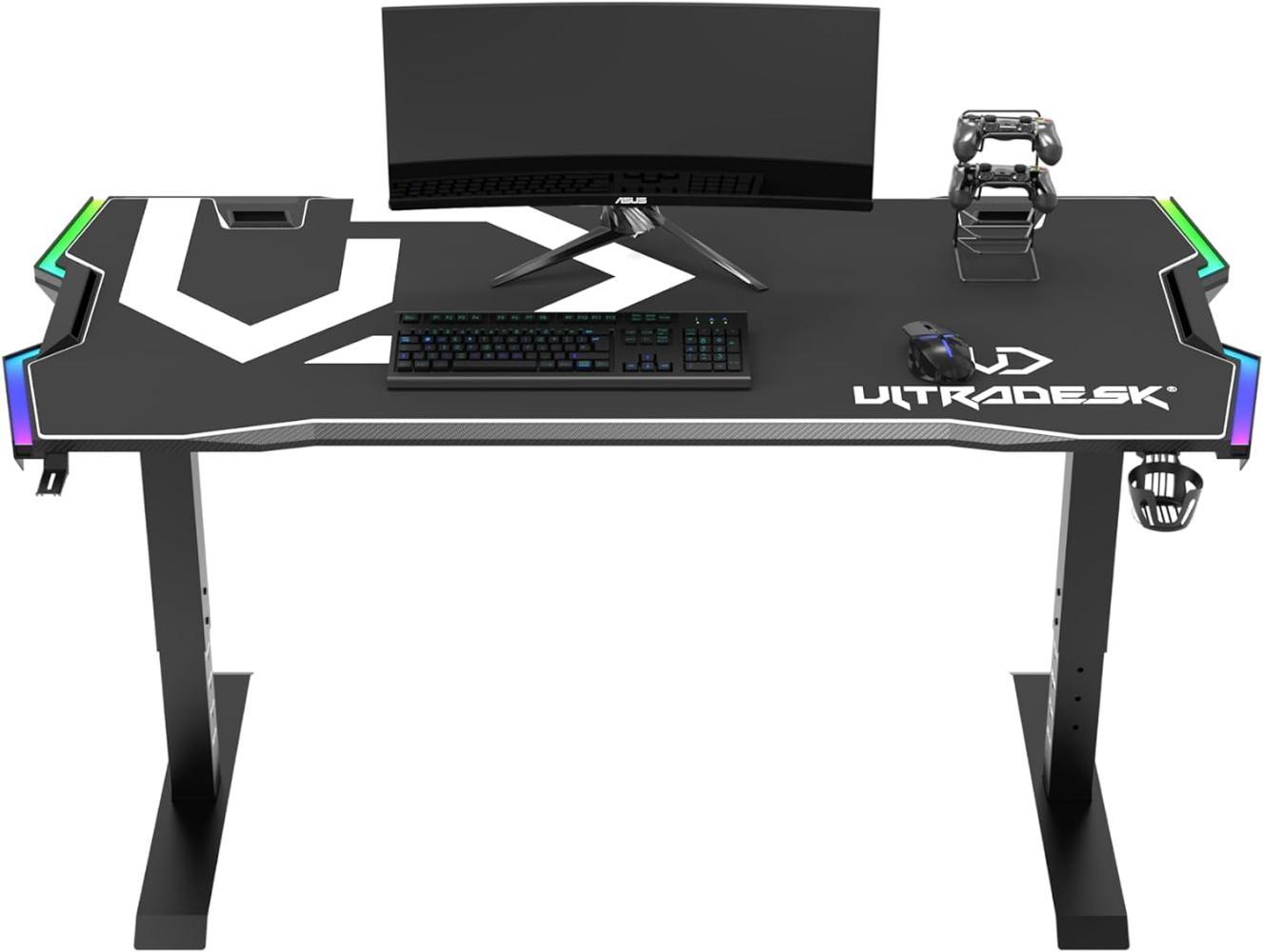 ULTRADESK Force | Ergonomischer Gaming-Schreibtisch mit großer Arbeitsfläche & XXL-Pad, 2 Kabeldurchlässe | Ablage für Powerstrips, LED-RGB-Prismenbeleuchtung | Stahlrahmen, Weißes Pad, 166x70 cm Bild 1