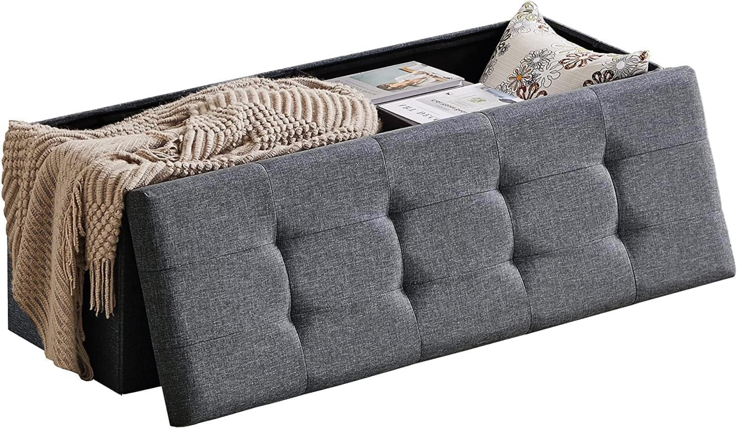 Zedelmaier Sitzbank mit Stauraum Sitzhocker Faltbar Truhen, Deckel Abnehmbar, 114 x 38 x 38 cm (Grau - Leinen) Bild 1
