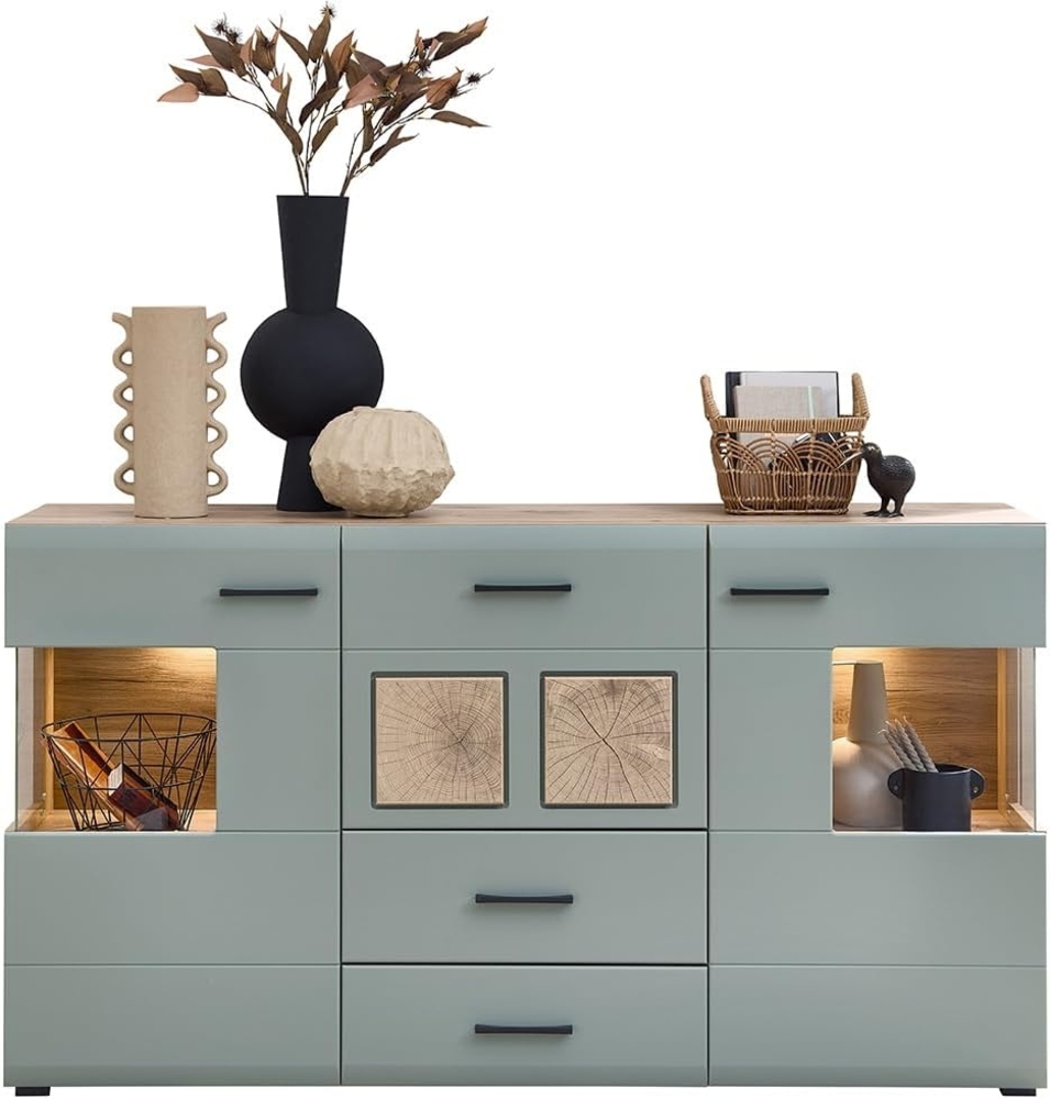 Lomadox Sideboard FARO-36-REED, 170cm breit, Eiche mit Schilfgrün, inkl. Beleuchtung Bild 1
