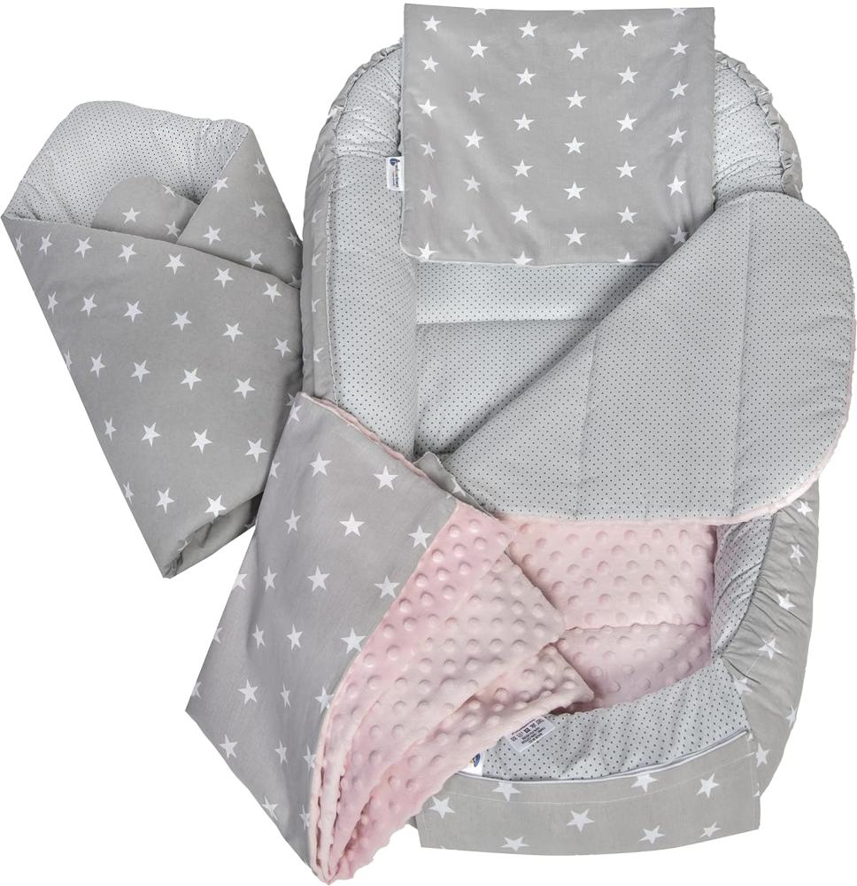 Medi Partners 5 teilig Babynestchen Set Babynest 100x60x15 herausnehmbarer Einsatz Bett Kuschelnest Krabbeldecke Babys Neugeborene 100% Baumwolle (graue Sternen mit Hellrosa Minky) Bild 1