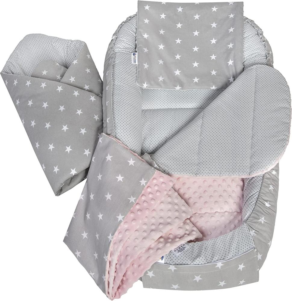 Medi Partners 5 teilig Babynestchen Set Babynest 100 x 60 x 15 herausnehmbarer Einsatz Bett Kuschelnest Krabbeldecke Babys Neugeborene 100% Baumwolle (graue Sternen mit Hellrosa Minky) Bild 1