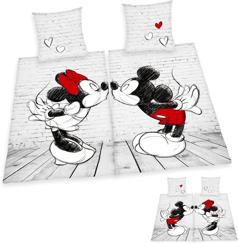 Herding DISNEY MICKEY & MINNIE Partnerbettwäsche-Set, Wendemotiv, 2 x Bettbezug 135 x 200 cm, 2 x Kopfkissenbezug 80 x 80 cm, Baumwolle/Renforcé Bild 1