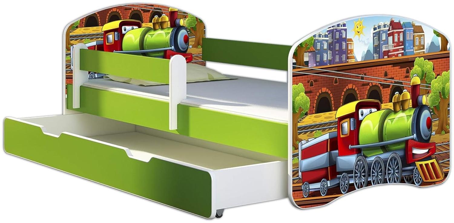 ACMA Kinderbett Jugendbett mit Einer Schublade und Matratze Grün mit Rausfallschutz Lattenrost II 140x70 160x80 180x80 (44 Lokomotive, 160x80 + Bettkasten) Bild 1