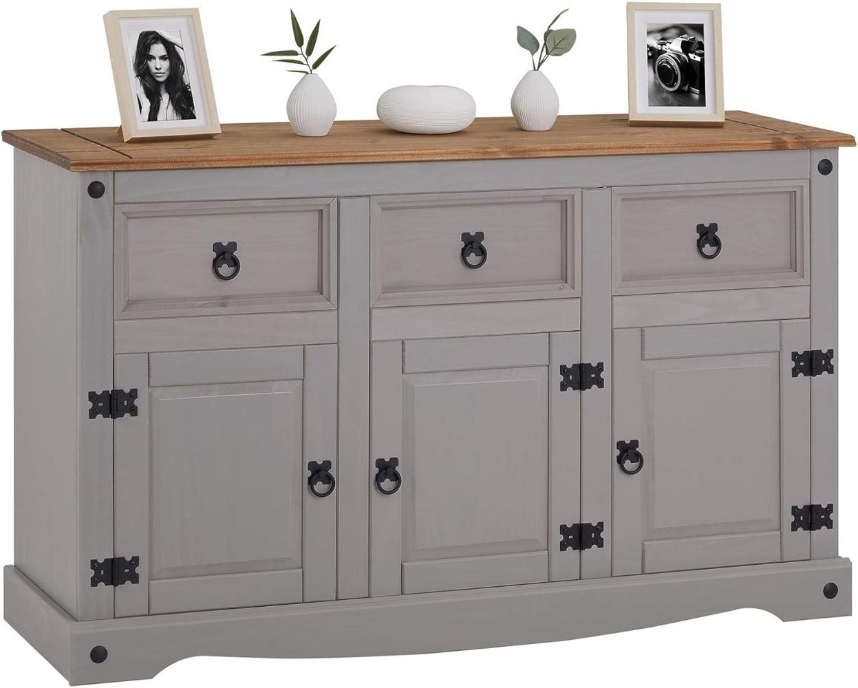 CARO-Möbel Sideboard Ramon im Mexiko Stil Kommode Kiefer massiv grau lasiert mit 3 Schubladen und 3 Türen Bild 1