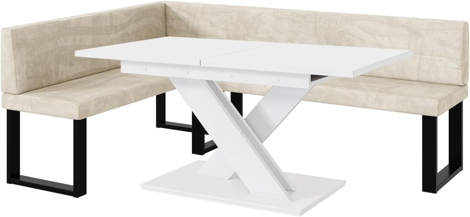 MEBLINI Eckbank für Esszimmer mit ausziehbarem Tisch - Küchenbank - Essecke - Sitzecke Küche - TONI - U-Beine 142 x 196 x 87 cm Links - Creme Samt/B Weiß Matt Bild 1