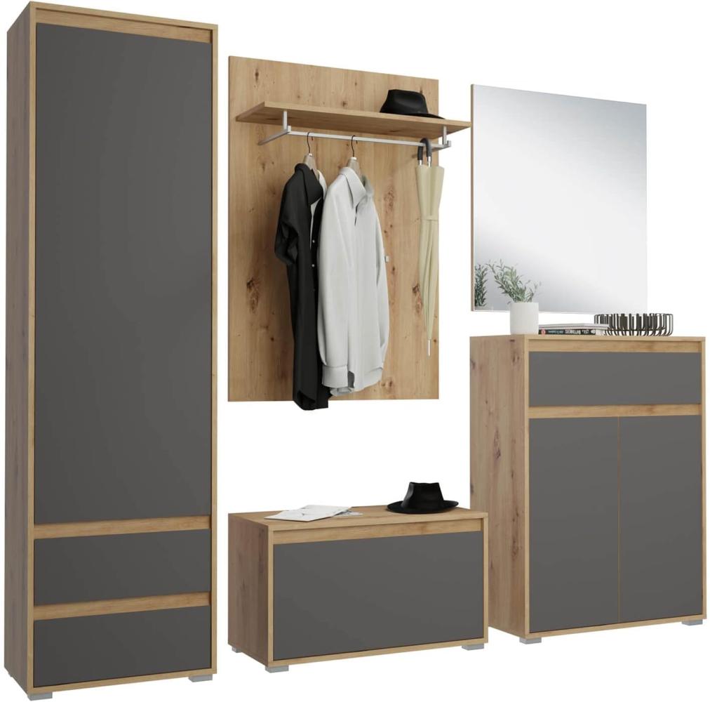 mokebo® Garderoben Set 5-teilig mit Spiegel und Sitzbank 'Die Verstauer', großes Komplettset in Eiche-Grau für den Flur, Garderoben Set, Garderobenmöbel Bild 1