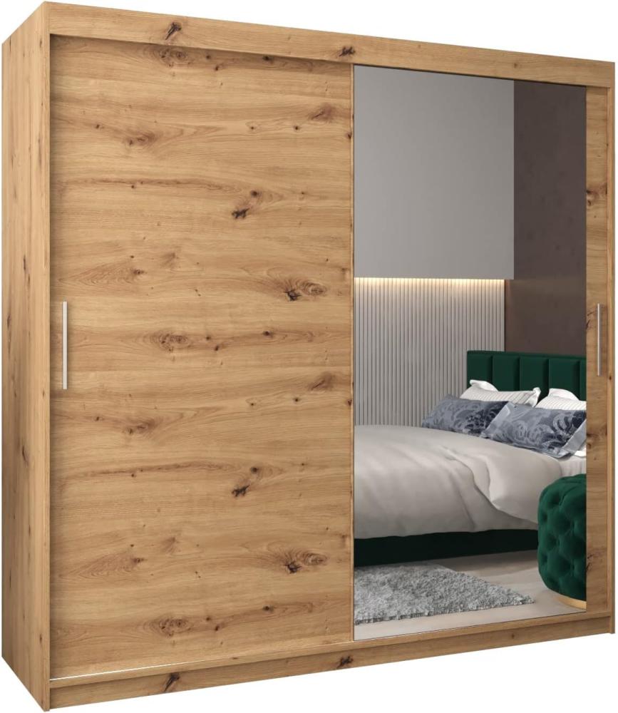 Schwebetürenschrank Tokyo 2-200 cm mit Spiegel Kleiderschrank mit Kleiderstange und Einlegeboden Schlafzimmer- Wohnzimmerschrank Schiebetüren Modern Design (Artisan Eiche) Bild 1