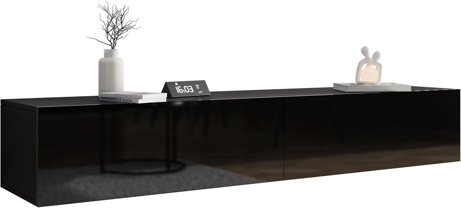 Mirjan24 TV Schrank Vigo, Fernsehschrank, TV Lowboard mit Grifflose Öffnen, Hängeschrank Hochglanz Matt Wohnwand (Länge: 180 cm, Schwarz/Schwarz Hochglanz) Bild 1