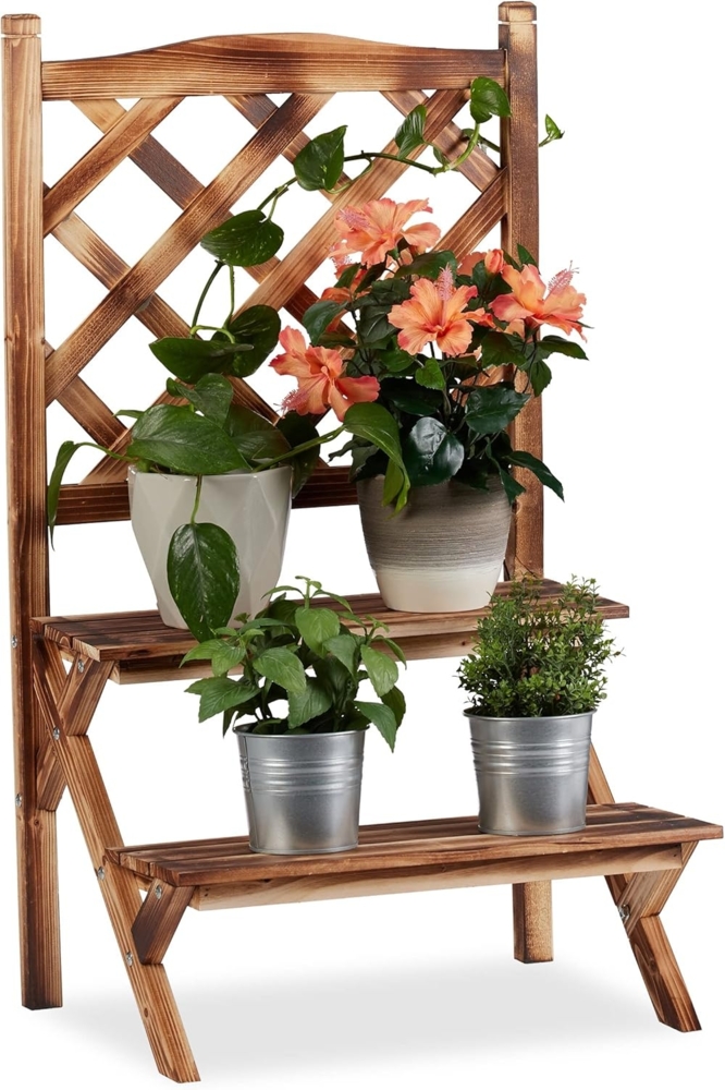 Relaxdays Blumentreppe mit Rankgitter, Blumenregal 2 Ebenen, stehende Pflanzentreppe Holz, HBT: 89 x 51 x 40 cm, gebrannt Bild 1