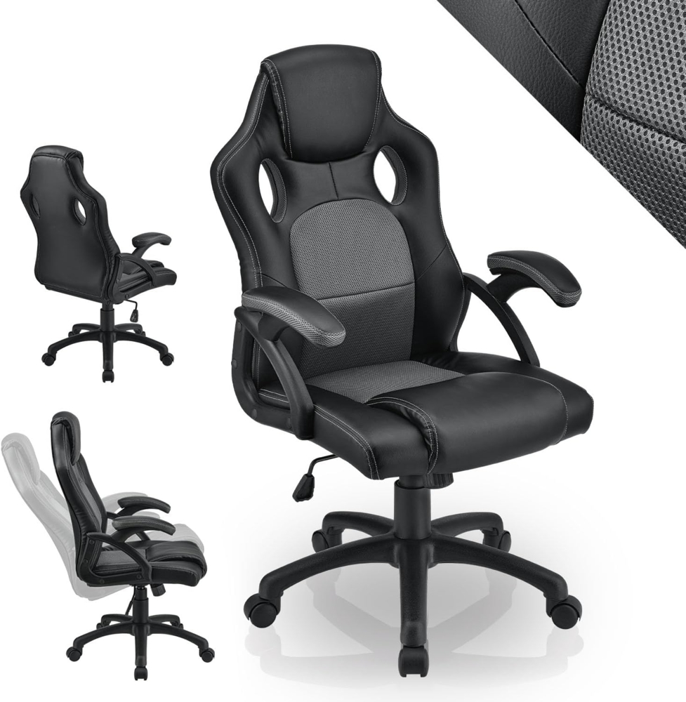 Juskys Racing Schreibtischstuhl Montreal (grau) ergonomisch, höhenverstellbar & gepolstert, bis 120 kg Bild 1