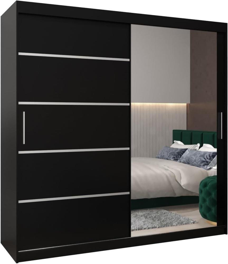 Schwebetürenschrank Verona 2-200 cm mit Spiegel Kleiderschrank mit Kleiderstange und Einlegeboden Schlafzimmer- Wohnzimmerschrank Schiebetüren Modern Design (Schwarz) Bild 1