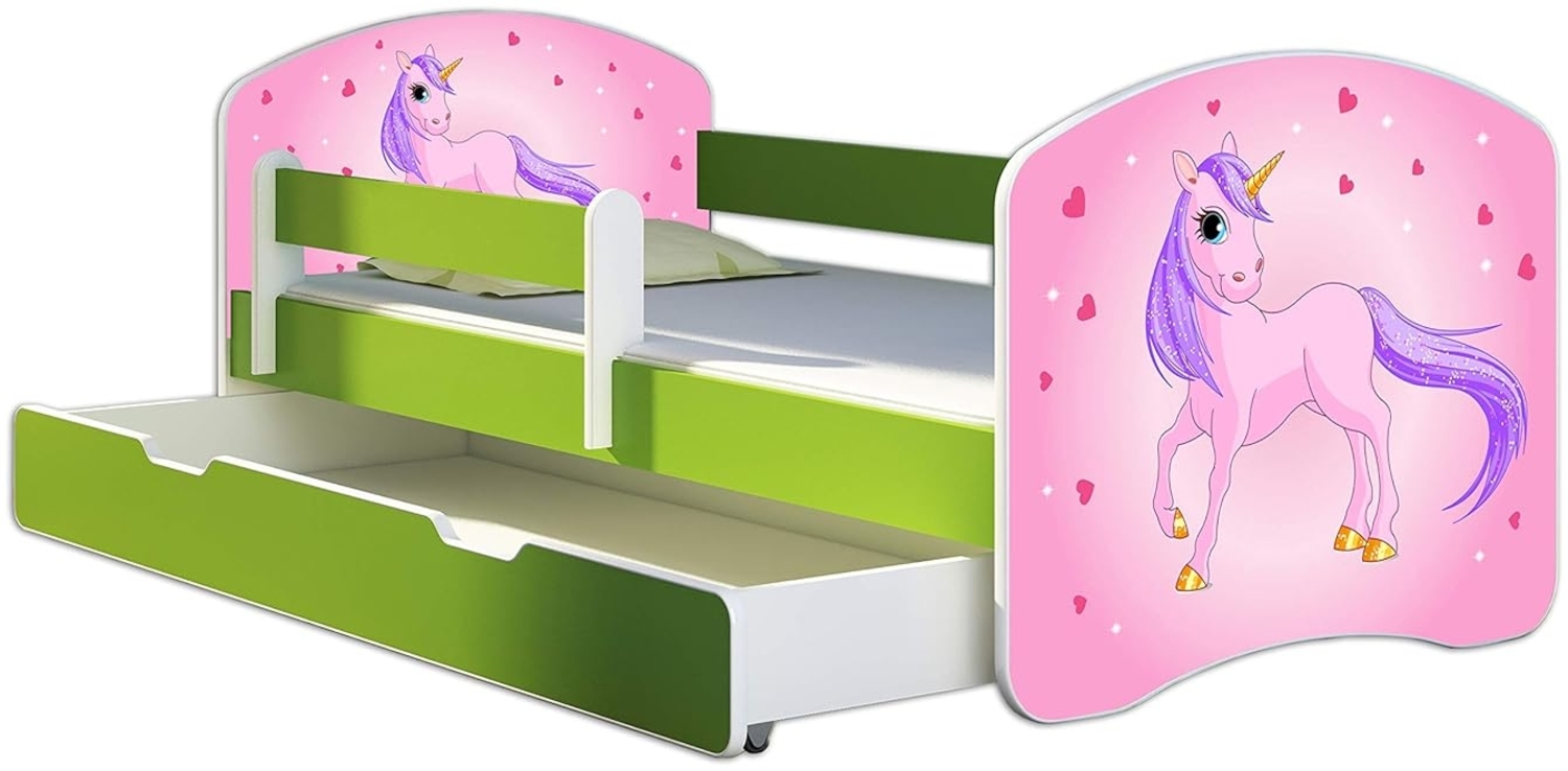 ACMA Kinderbett Jugendbett mit Einer Schublade und Matratze Grün mit Rausfallschutz Lattenrost II 140x70 160x80 180x80 (17 Pony, 160x80 + Bettkasten) Bild 1