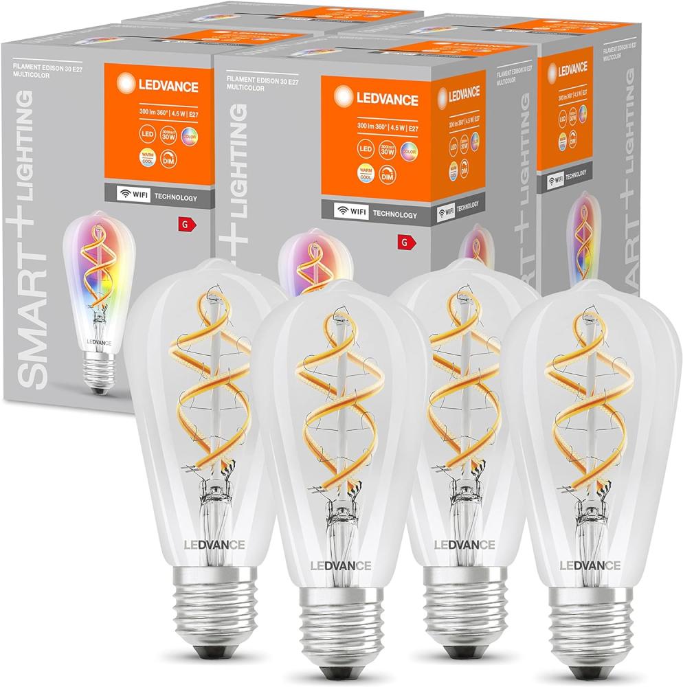 LEDVANCE Smarte LED-Lampe mit Wifi Technologie, E27, RGB, Edisonform, Farbiges Filament als Stimmungslicht, Ersatz für herkömmliche 60W-Glühbirnen, steuerbar mit Alexa, Google & App, 4er-Pack Bild 1