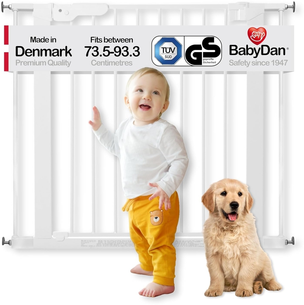 BabyDan Premier, Ohne bohren Treppenschutzgitter, 73,5-93,3 cm, Baby-,Sicherheitsgitter, Metall, Weiß, Hergestellt in Dänemark - (Haustiergitter,Hundegitter) Bild 1