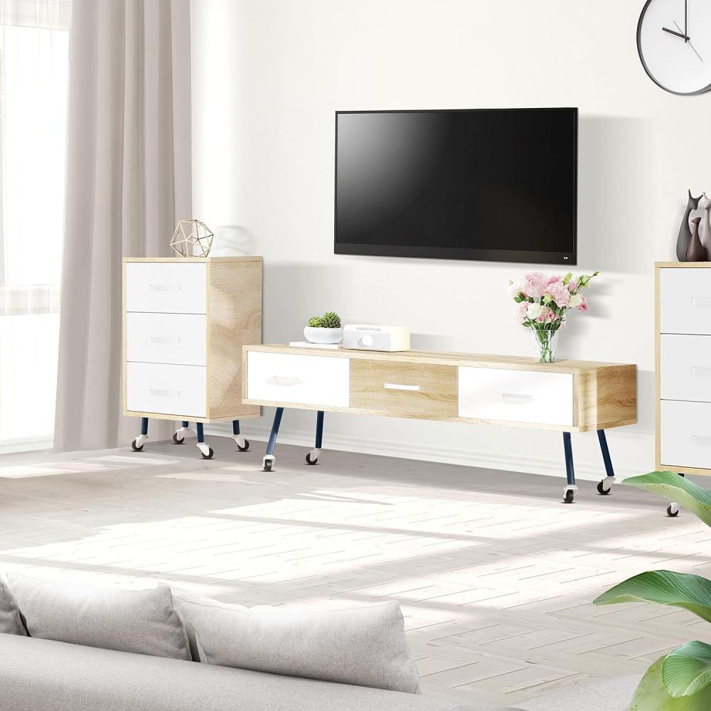 Ribelli TV-Schrank mit Rollen, Lowboard für Fernseher bis zu 43 Zoll, Fernsehtisch mit 3 Schubladen, Couchtisch aus Spanplatte, Stahlgestell, ca. 40 x 147 x 50 cm Bild 1