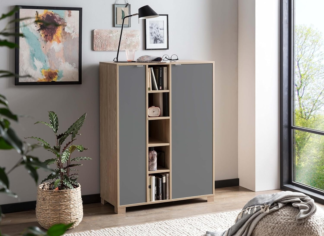 Schildmeyer Highboard Anouk, 701767, Holzwerkstoff, Eiche hell, basaltgrau, 89,6 x 39 x 122,4 cm Bild 1