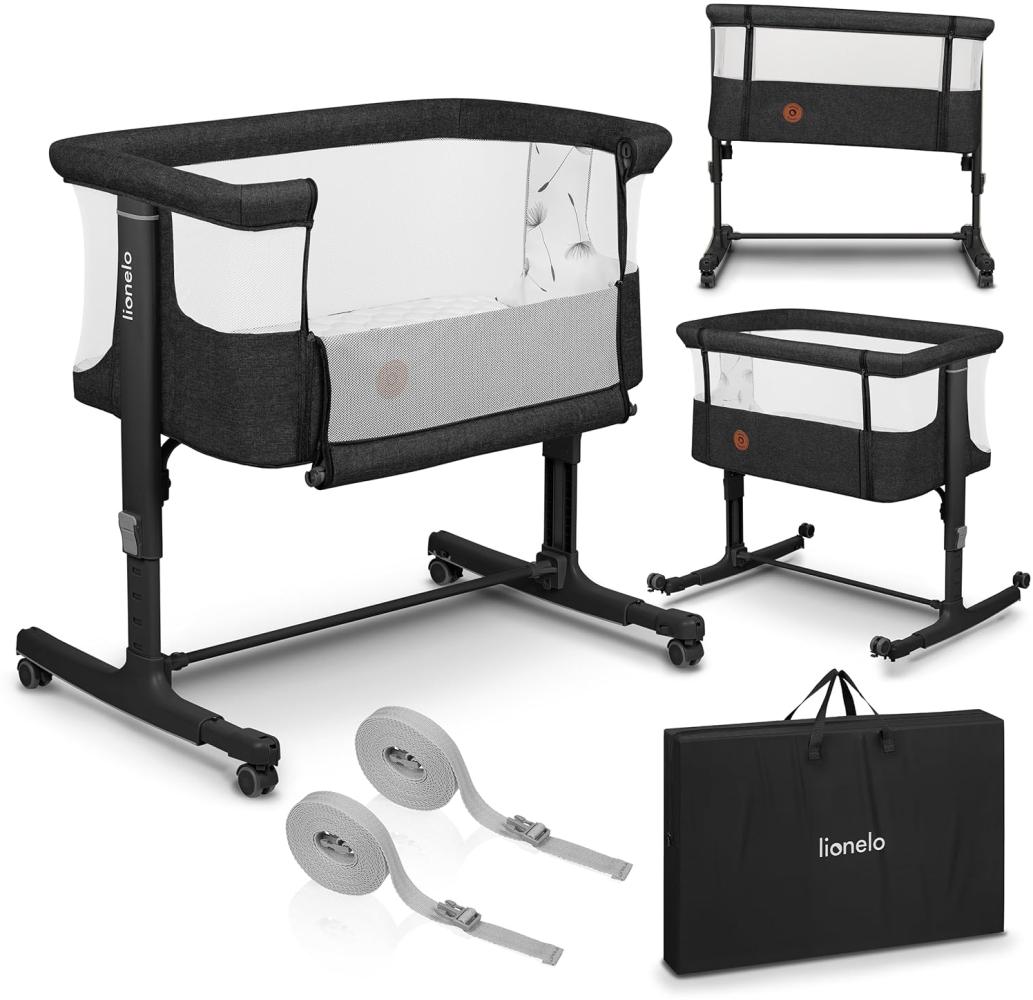 Lionelo Aurora 3 in 1 Babybett bis 9 kg, Beistellbett, Wiege, Höhenverstellug und Einstellung der Neigung der Matratze, 4 Räder mit Bremse Ergonomische Matratze Tasche Bild 1