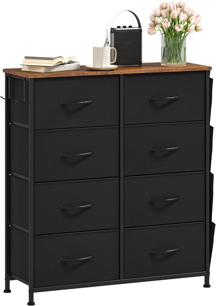 DWVO Kommode mit 8 Schubladen, langlebiger Schrank mit Haken & Seitentaschen, Stoffschubladen mit Griffen, Robustes Metallgestell, für Schlafzimmer Wohnzimmer,Schwarz Bild 1