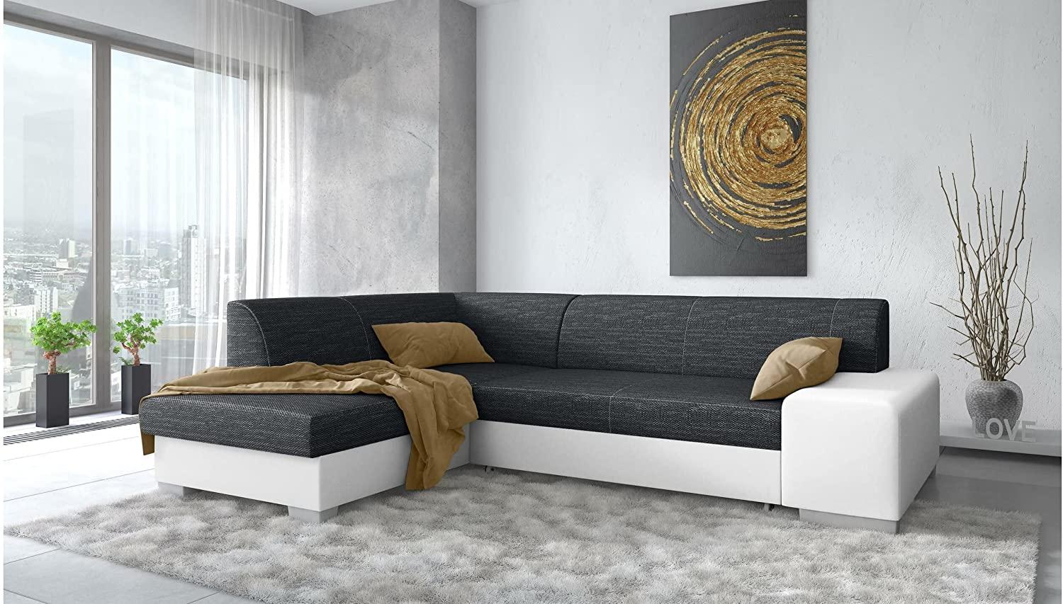 Stylefy Panaro Ecksofa Kunstleder MADRYT Strukturstoff BERLIN Weiß Schwarz Links mit Bild 1