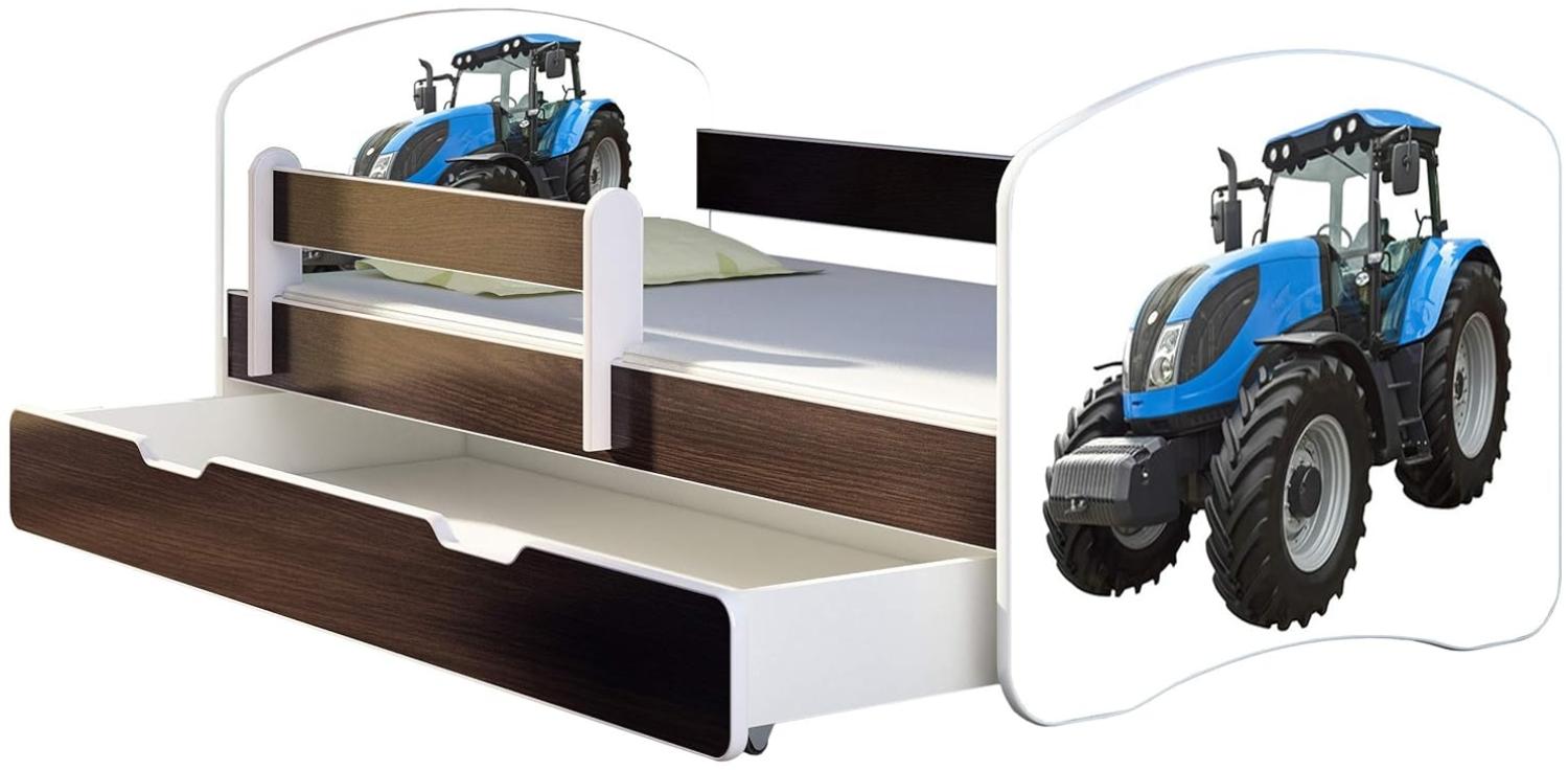 ACMA Kinderbett Jugendbett mit Einer Schublade und Matratze Wenge mit Rausfallschutz Lattenrost II 140x70 160x80 180x80 (42 Traktor, 180x80 + Bettkasten) Bild 1