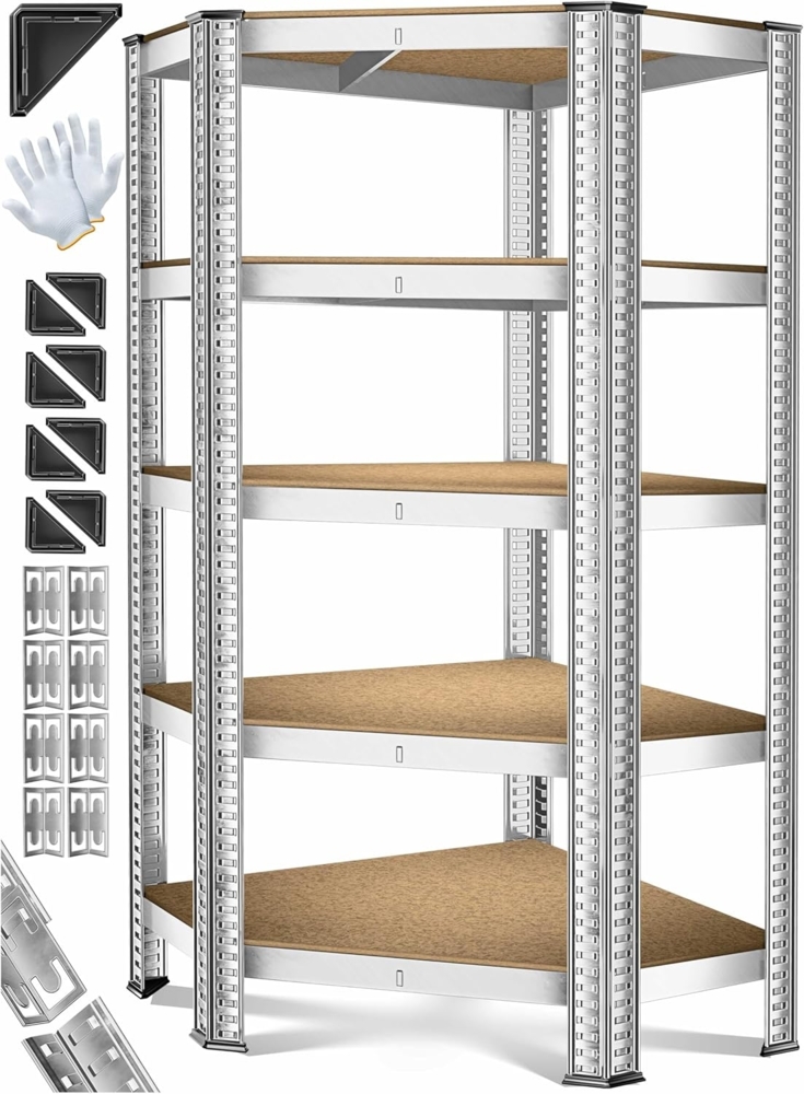MASKO® Eckregal Lagerregal Schwerlastregal, Kellerregal, 180x75x40cm , bis 875 kg, 5 verstellbare Ablagen, MDF-Platten Regal aus Metall, Steckregal, Werkstattregal, Keller, Garage Silber Bild 1