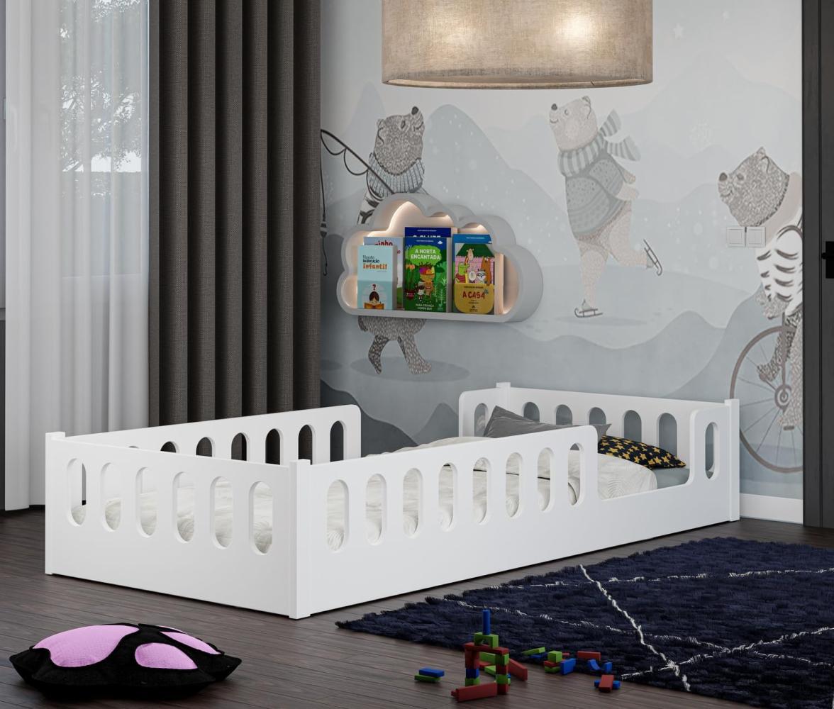 CADANI Monte Bodenbett 160x80 cm Weiß, Flexibler Rausfallschutz abnehmbar, Kinderbett Umbaubar, Montessori Design, 2 Eingänge, Holzbett mit Lattenrost Bild 1