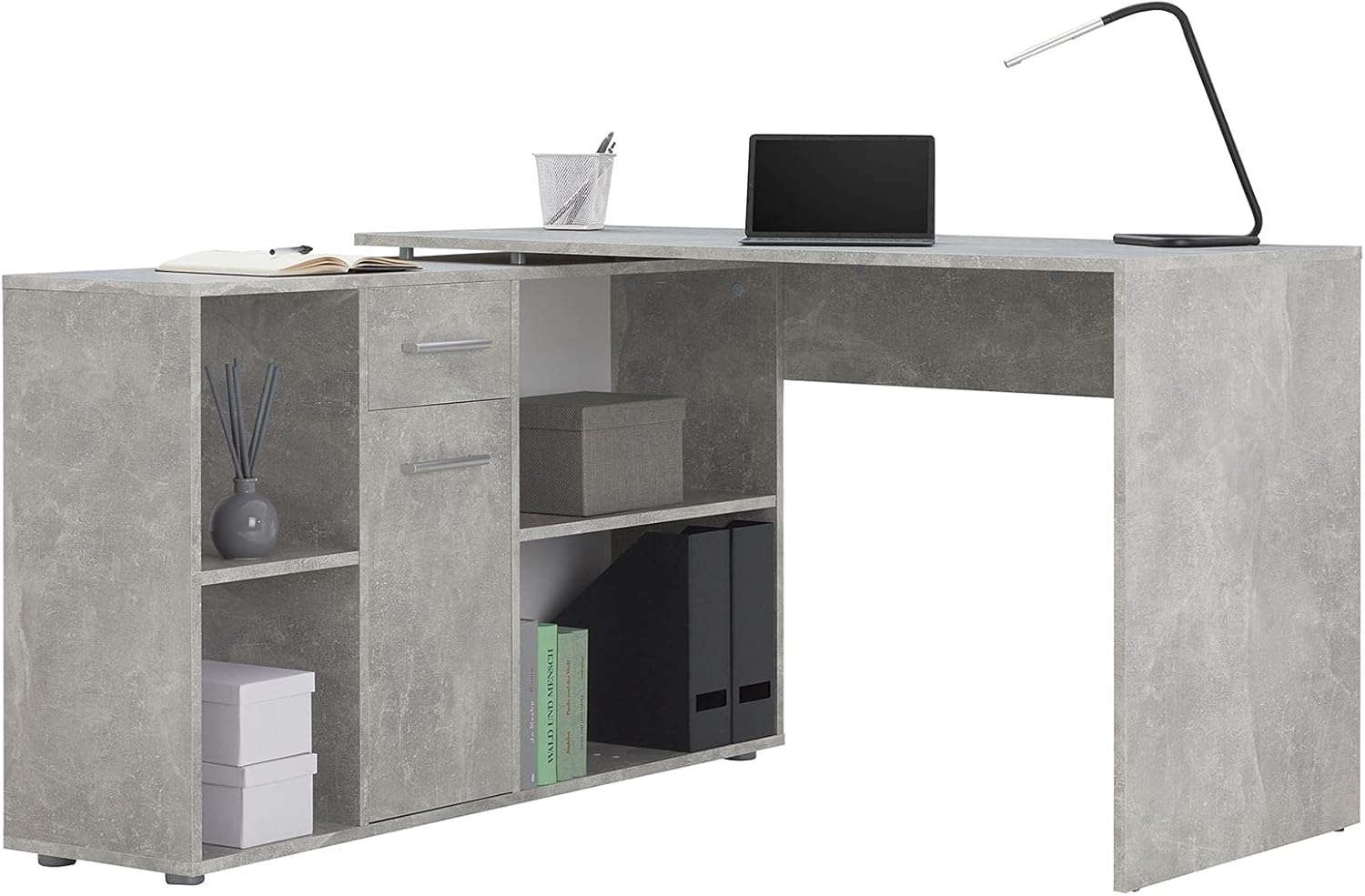 CARO-Möbel Eckschreibtisch DIEGO, Schreibtisch mit Stauraum in L-Form, Home Office Tisch mit Regal beton Bild 1