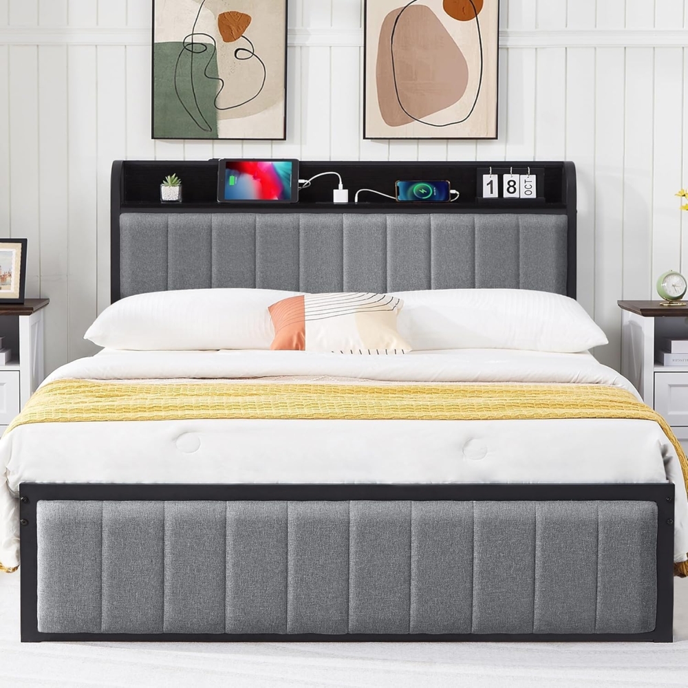 VECELO Bettrahmen 140x200 cm mit Ladestation und Stauraum, Polsterbett Doppelbett Metallbett mit Kopfteil und Lattenrost für Schlafzimmer Gästezimmer, Grau Bild 1