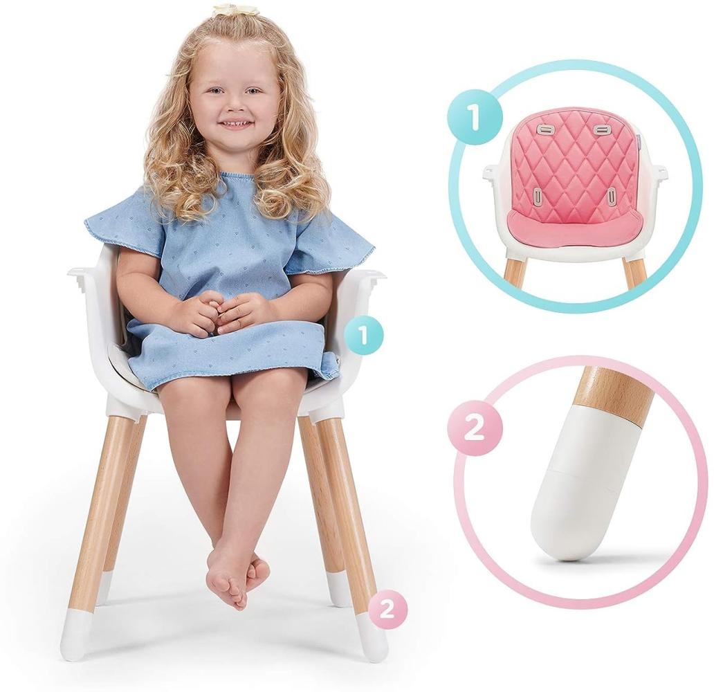 Kinderkraft 'Sienna' Kinderhochstuhl 2 in 1 Pink, Beine aus Holz, 5-Punkt-Gurt, Fußstütze, rutschfeste Stuhlbeinkappen inkl. abnehmbares Essbrett Bild 1