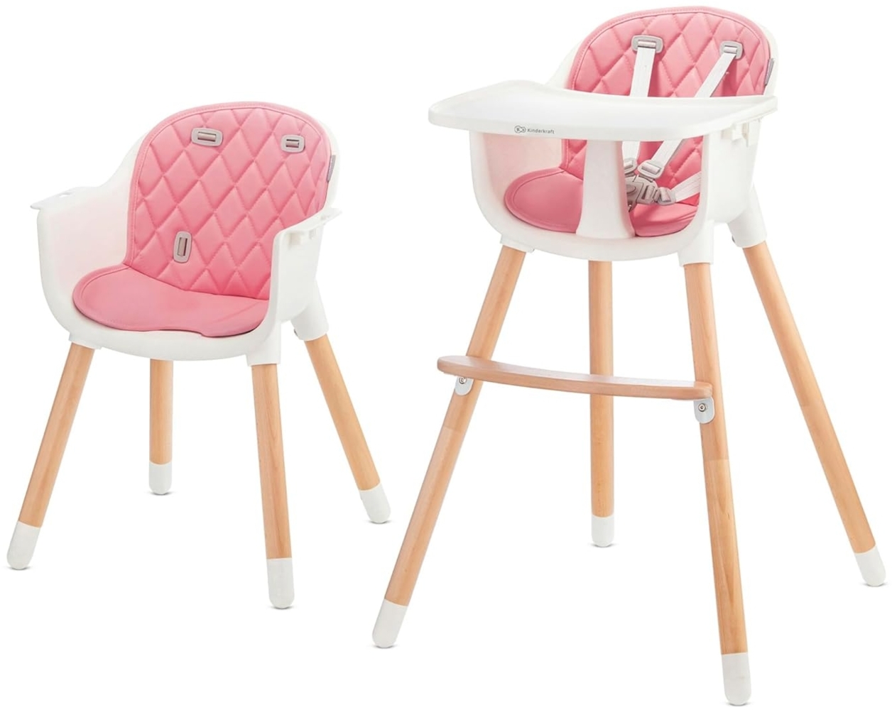 Kinderkraft 'Sienna' Kinderhochstuhl 2 in 1 Pink, Beine aus Holz, 5-Punkt-Gurt, Fußstütze, rutschfeste Stuhlbeinkappen inkl. abnehmbares Essbrett Bild 1