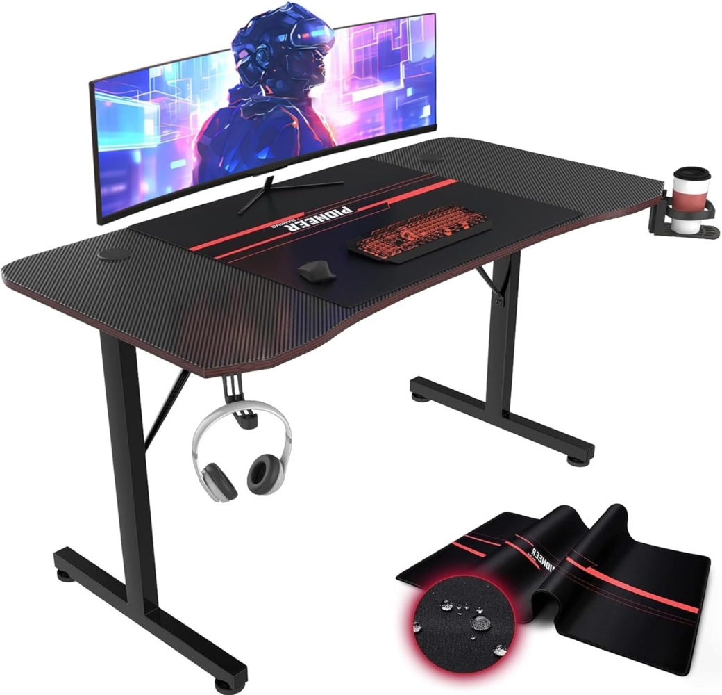 JUMMICO Groß Gaming Tisch 140cm, Gaming Schreibtisch PC Computertisch Ergonomischer Gamer Tisch zocker Tisch mit Kabelführungsfach, Kopfhörerhaken und Getränkehalter, 140x60 cm, Schwarz Bild 1