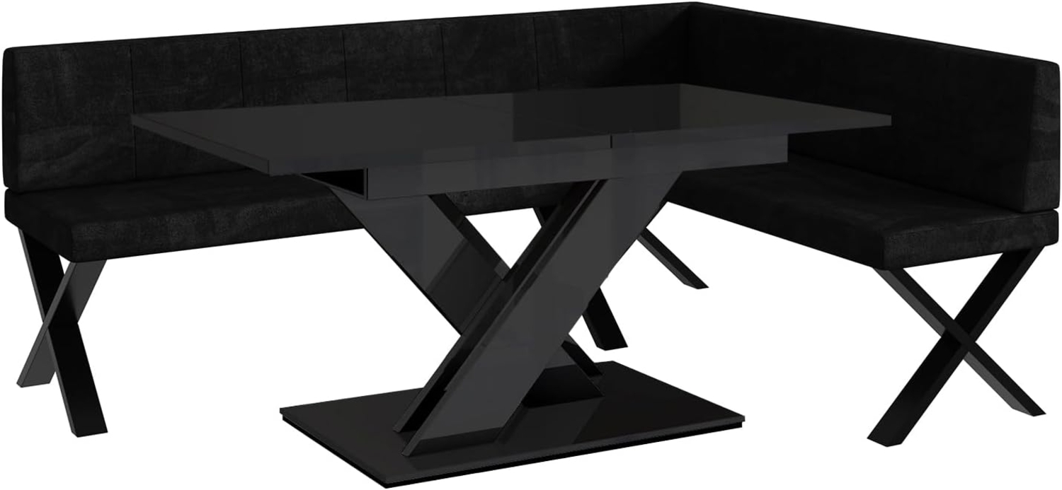 MEBLINI Eckbank für Esszimmer mit ausziehbarem Tisch - Küchenbank - Essecke - Sitzecke Küche - PETER - X-Beine 142x196x87cm Rechts - Schwarz Samt/B Schwarz Hochgl. Bild 1