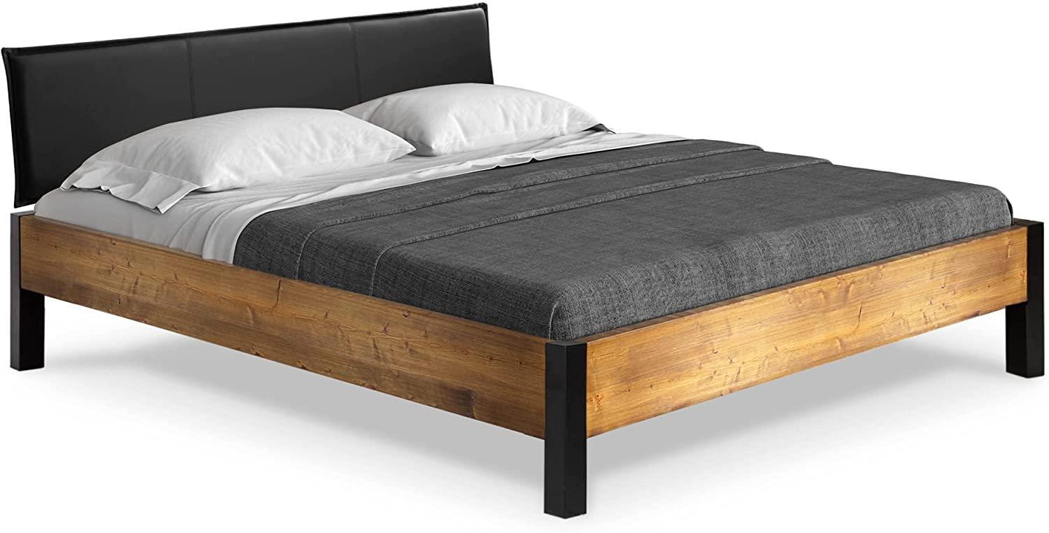 Möbel-Eins CURBY Bett Metallfuß, mit Polsterkopfteil, Material Massivholz, rustikale Altholzoptik, Fichte vintage 120x200 cm Kunstleder Schwarz ohne Steppung Bild 1