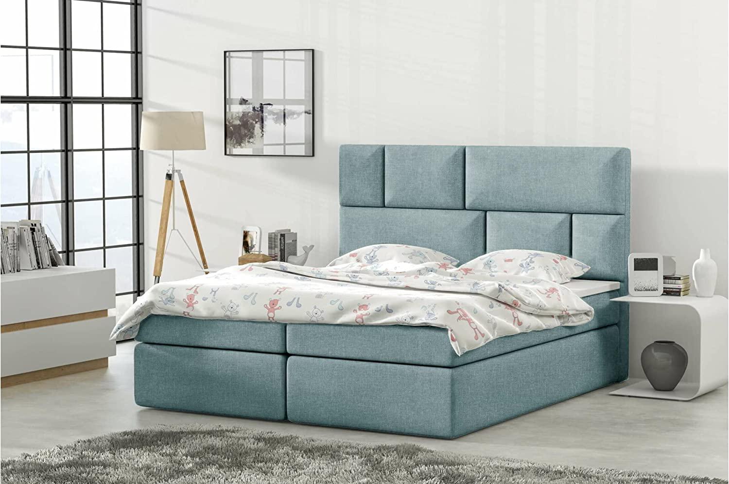 Stylefy 'Carter' Boxspringbett mit Topper, Strukturstoff Sawana Blau 200x200 Bild 1